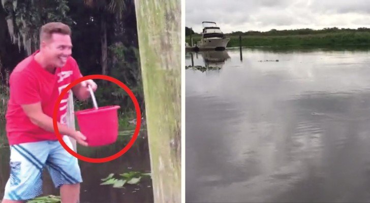 Er kippt einen Eimer Wasser in den Fluss, als sich auf einmal die Wasseroberfläche KOMPLETT verändert.